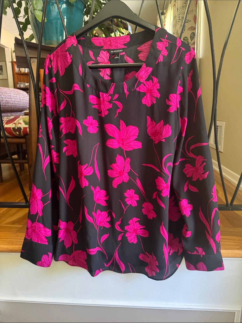 Banana Republic Black Blouse with Hot Pink Floral Print